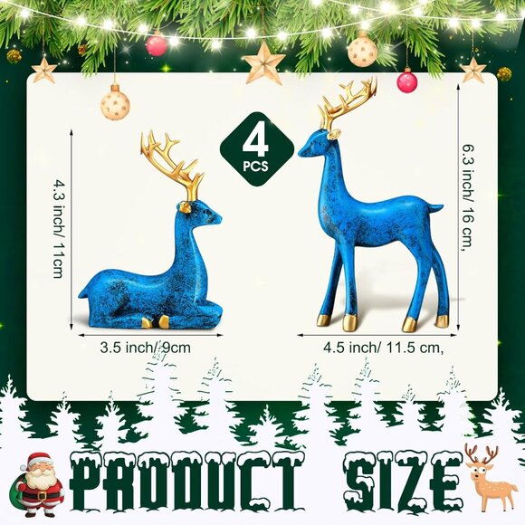 4 Pcs Blue, Gold Standing Sitting Deer Christmas Figurine Statue for Home Indoor - Picture 3 of 7